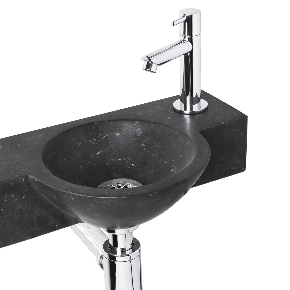 Differnz Teti Lavabo - Lave main Pierre Naturelle Noire - Robinet Droit Chrome - Ensemble Complet - 40 x 23 x 8 cm