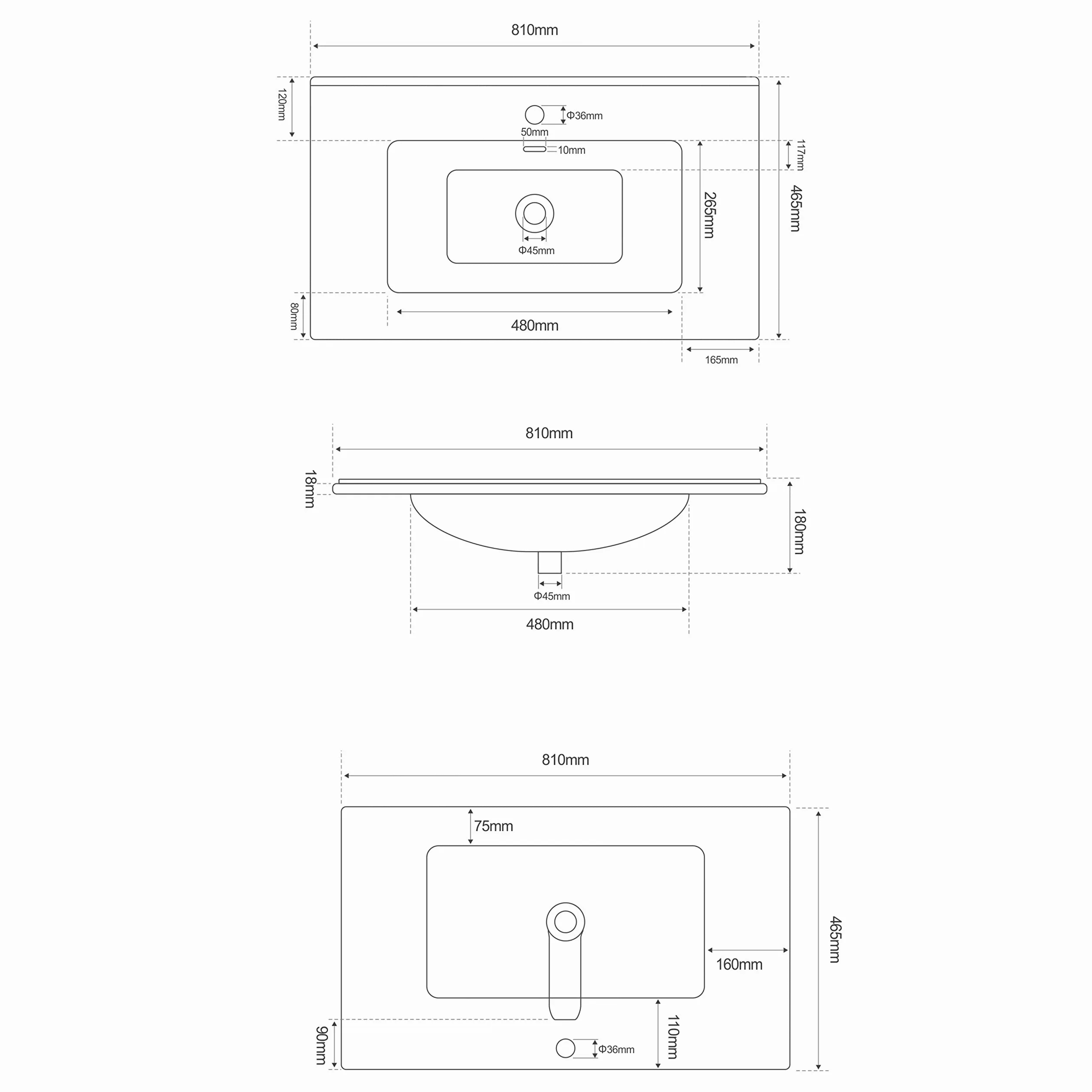 NORBE | Lavabo carré encastré en céramique | 80 x 46 cm | Évier de soutien design moderne | Finition blanche brillante | Lave-mains sans bonde| Bassin sanitaire de salle de bain (81 x 46,5 X 1,8 cm)